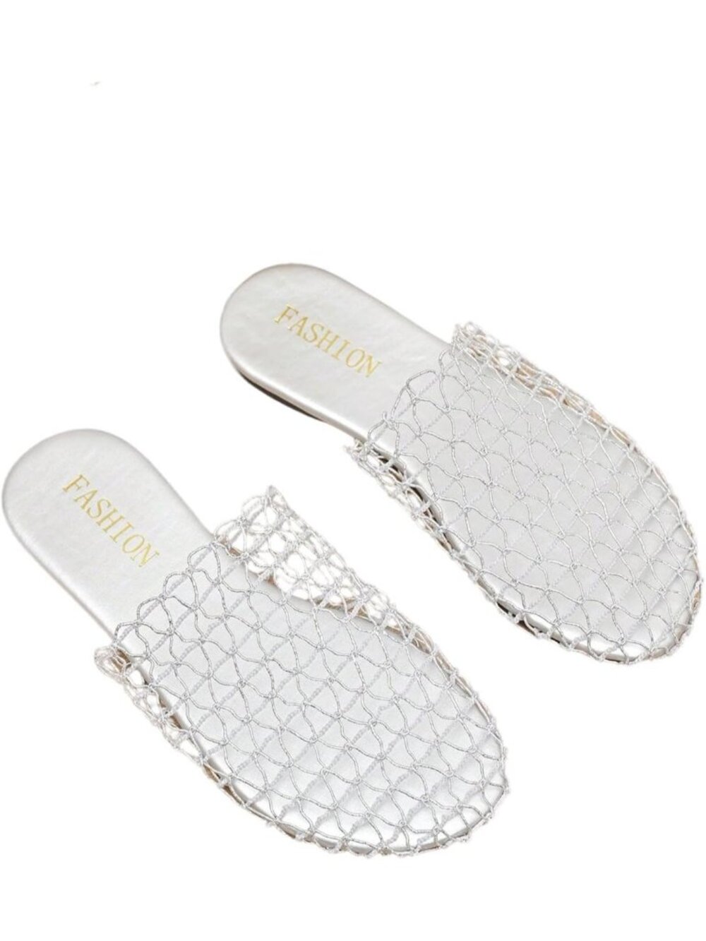 Women's Silver Summer Fishnet Mesh Through Hollow Out Slip On Slides Flat Sandal